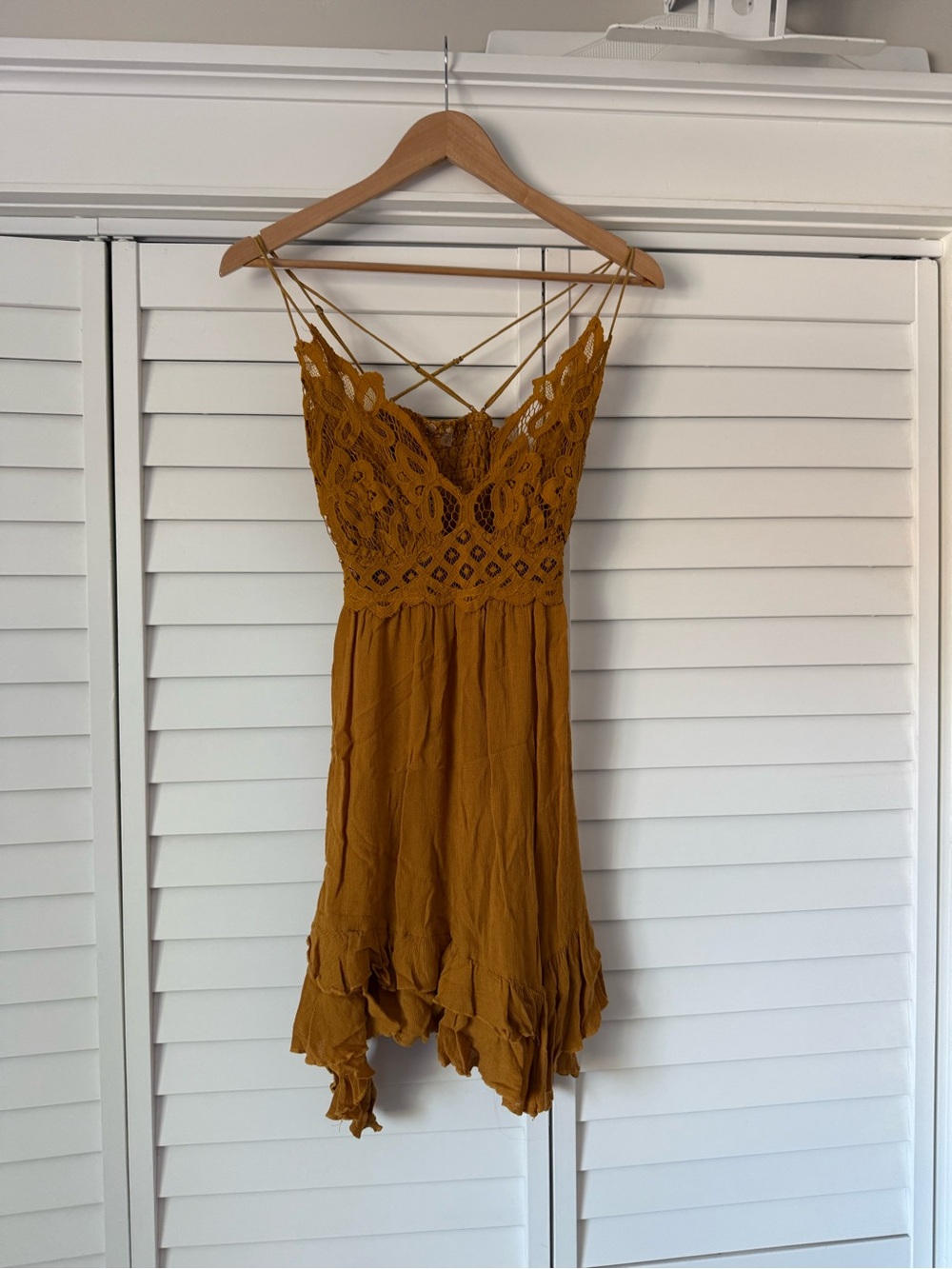 Free People Mustard Crochet Bodice Asymmetrical Blouse